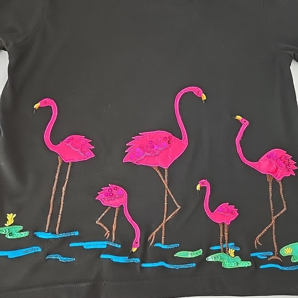VTG Victoria Harbour Flamingo Embroidered Beaded Shirt M Coastal Beach Flare - Picture 2 of 8